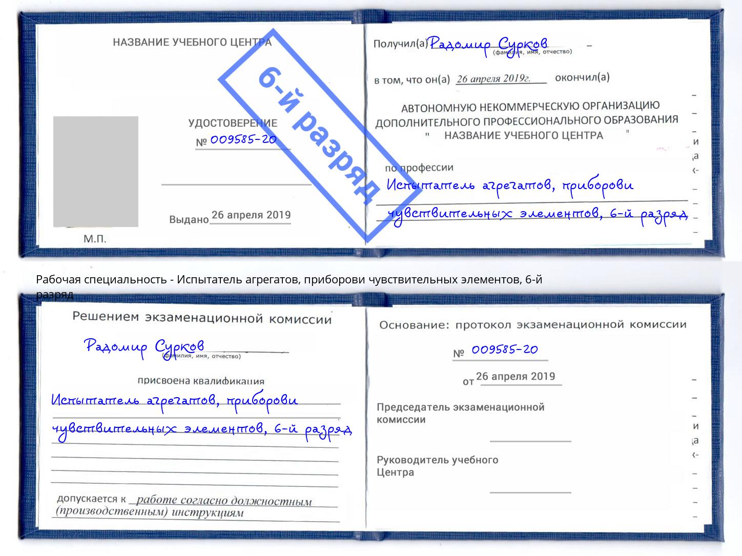 корочка 6-й разряд Испытатель агрегатов, приборови чувствительных элементов Ликино-Дулёво