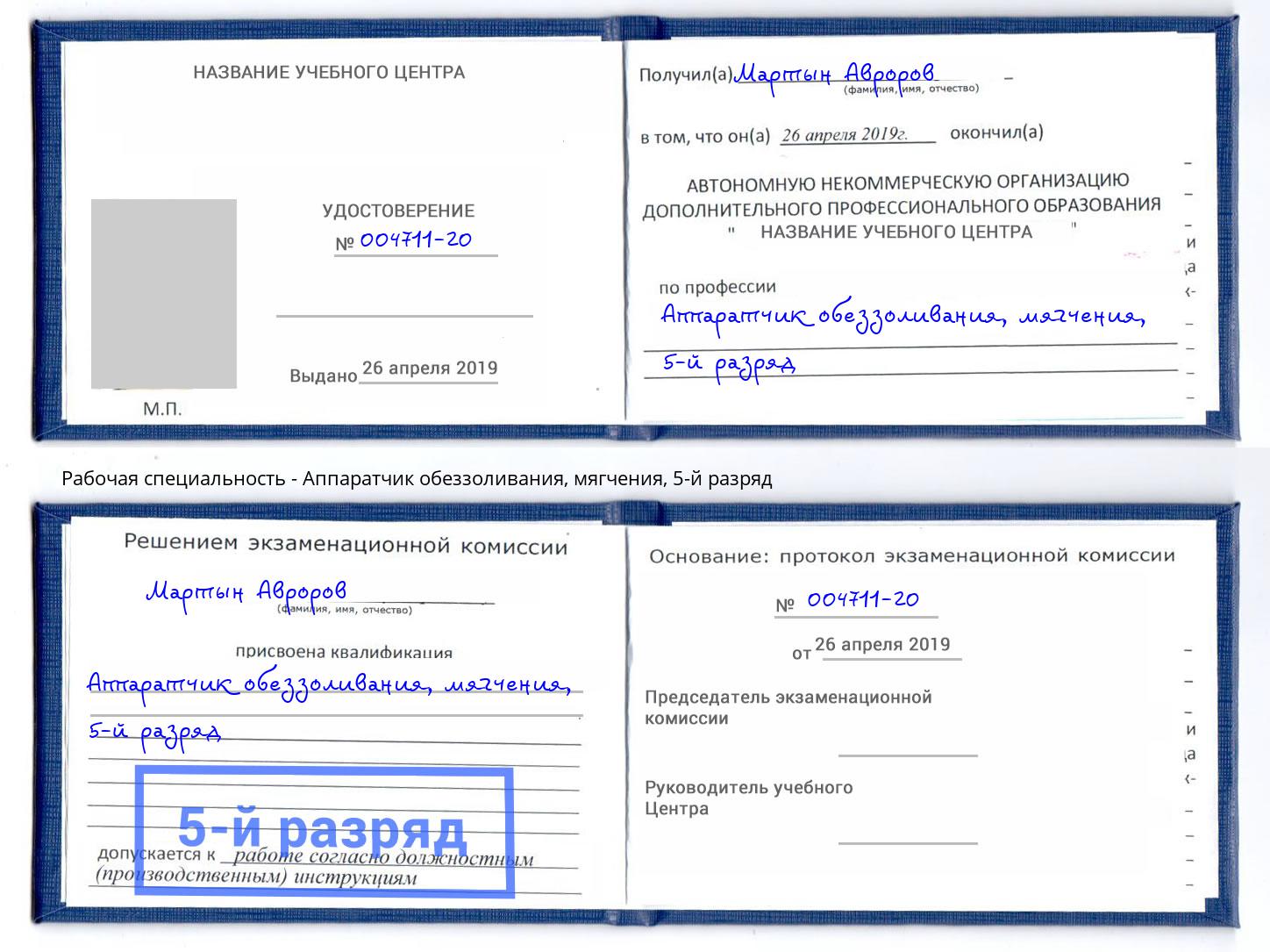 корочка 5-й разряд Аппаратчик обеззоливания, мягчения Ликино-Дулёво