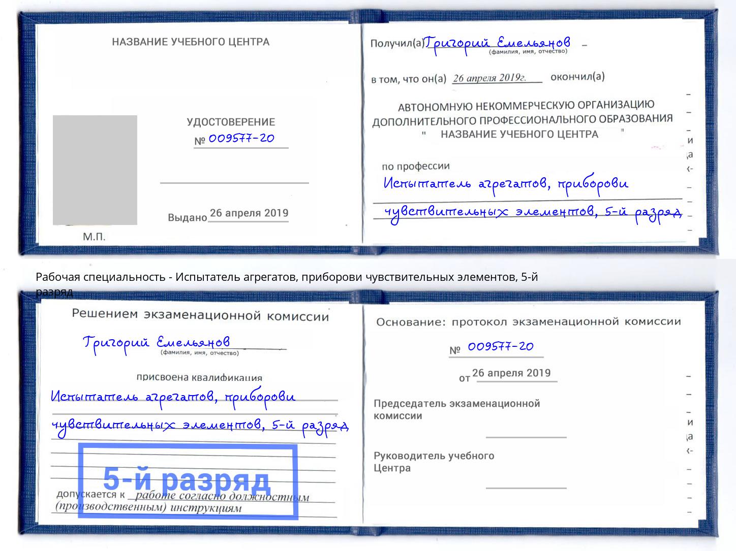 корочка 5-й разряд Испытатель агрегатов, приборови чувствительных элементов Ликино-Дулёво