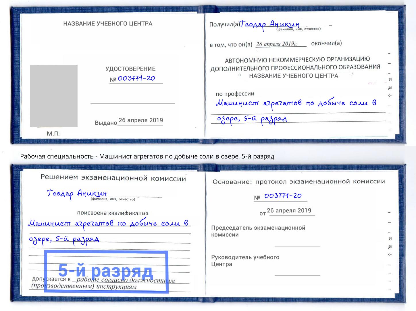 корочка 5-й разряд Машинист агрегатов по добыче соли в озере Ликино-Дулёво