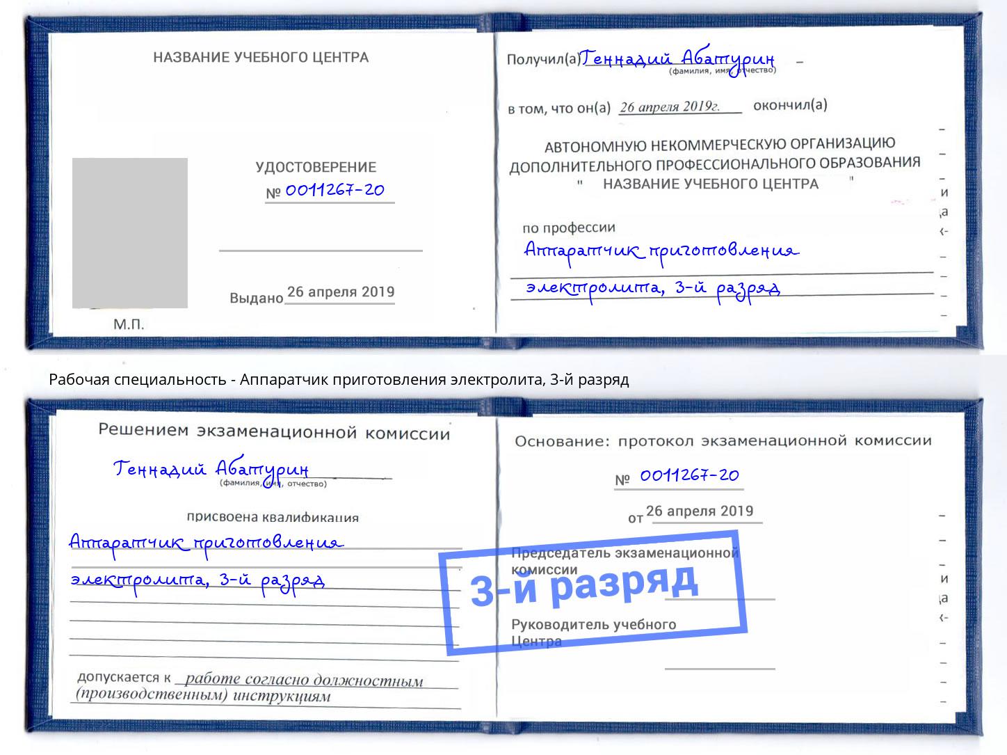 корочка 3-й разряд Аппаратчик приготовления электролита Ликино-Дулёво