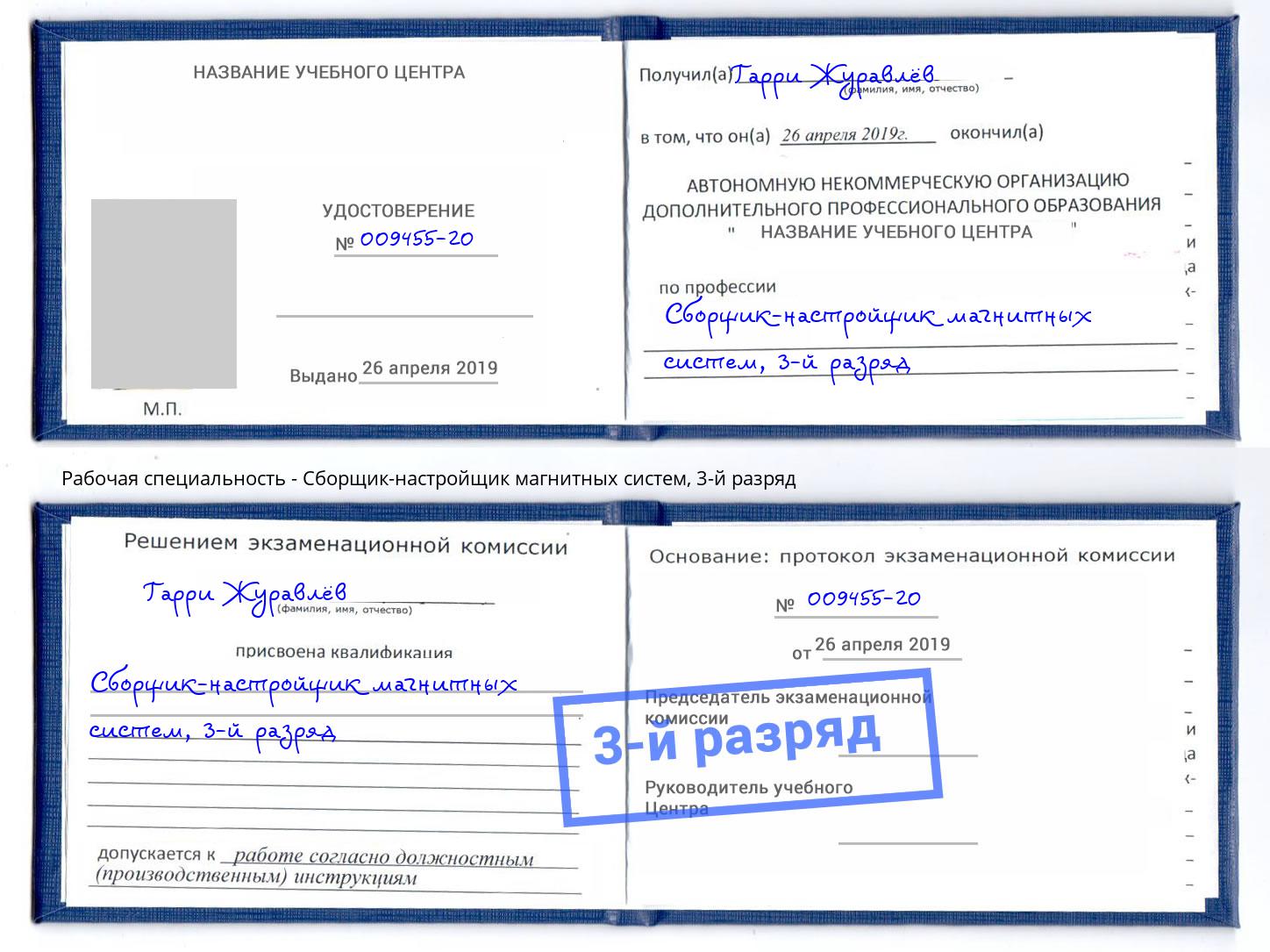 корочка 3-й разряд Сборщик-настройщик магнитных систем Ликино-Дулёво