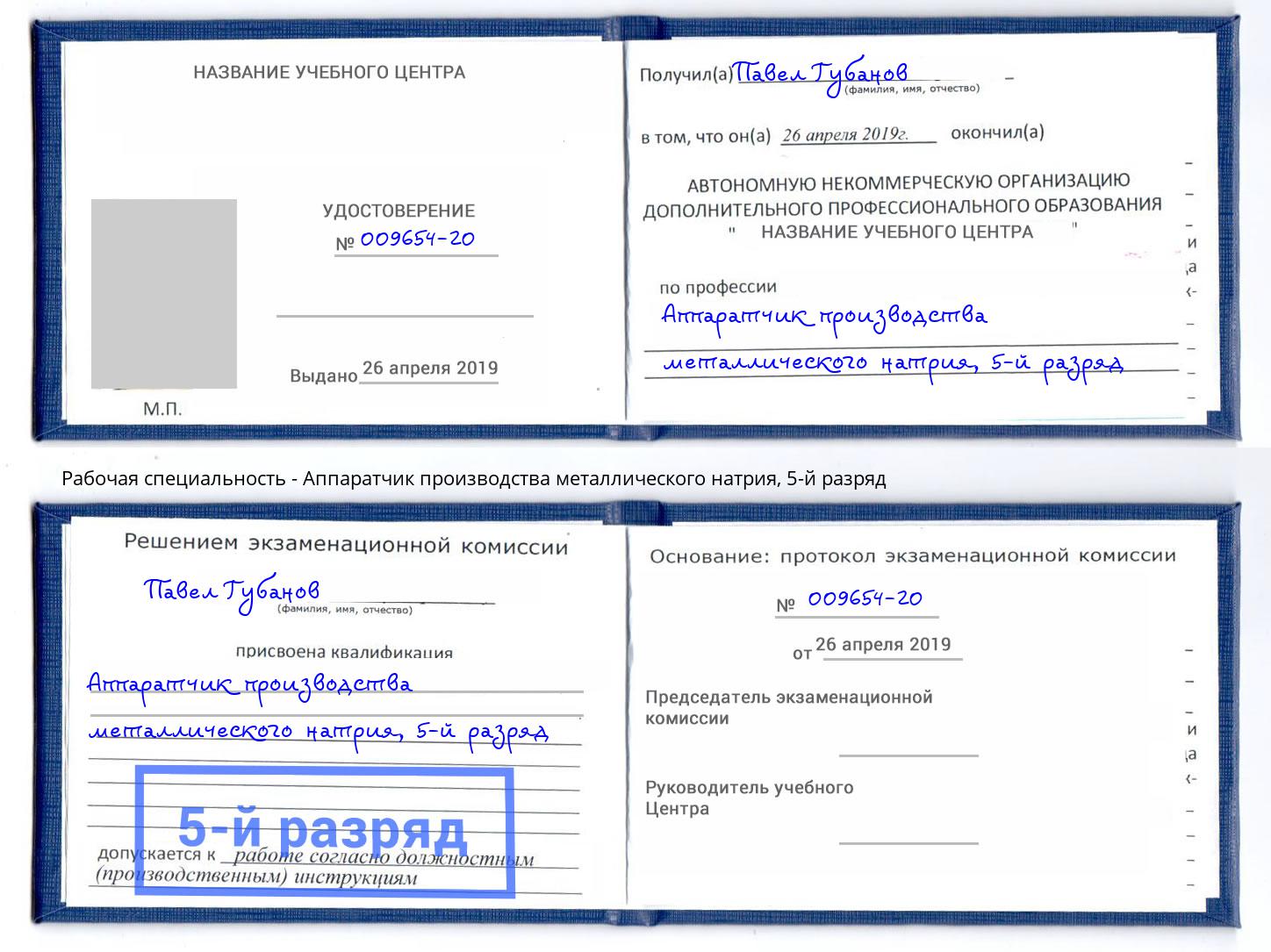 корочка 5-й разряд Аппаратчик производства металлического натрия Ликино-Дулёво