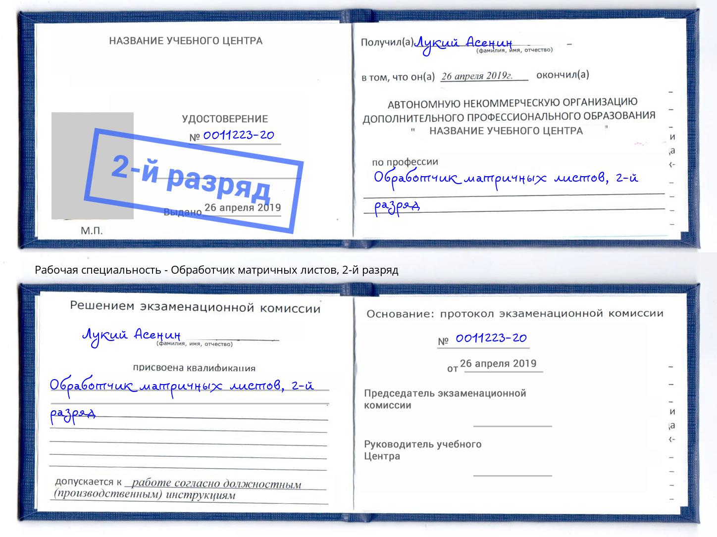 корочка 2-й разряд Обработчик матричных листов Ликино-Дулёво