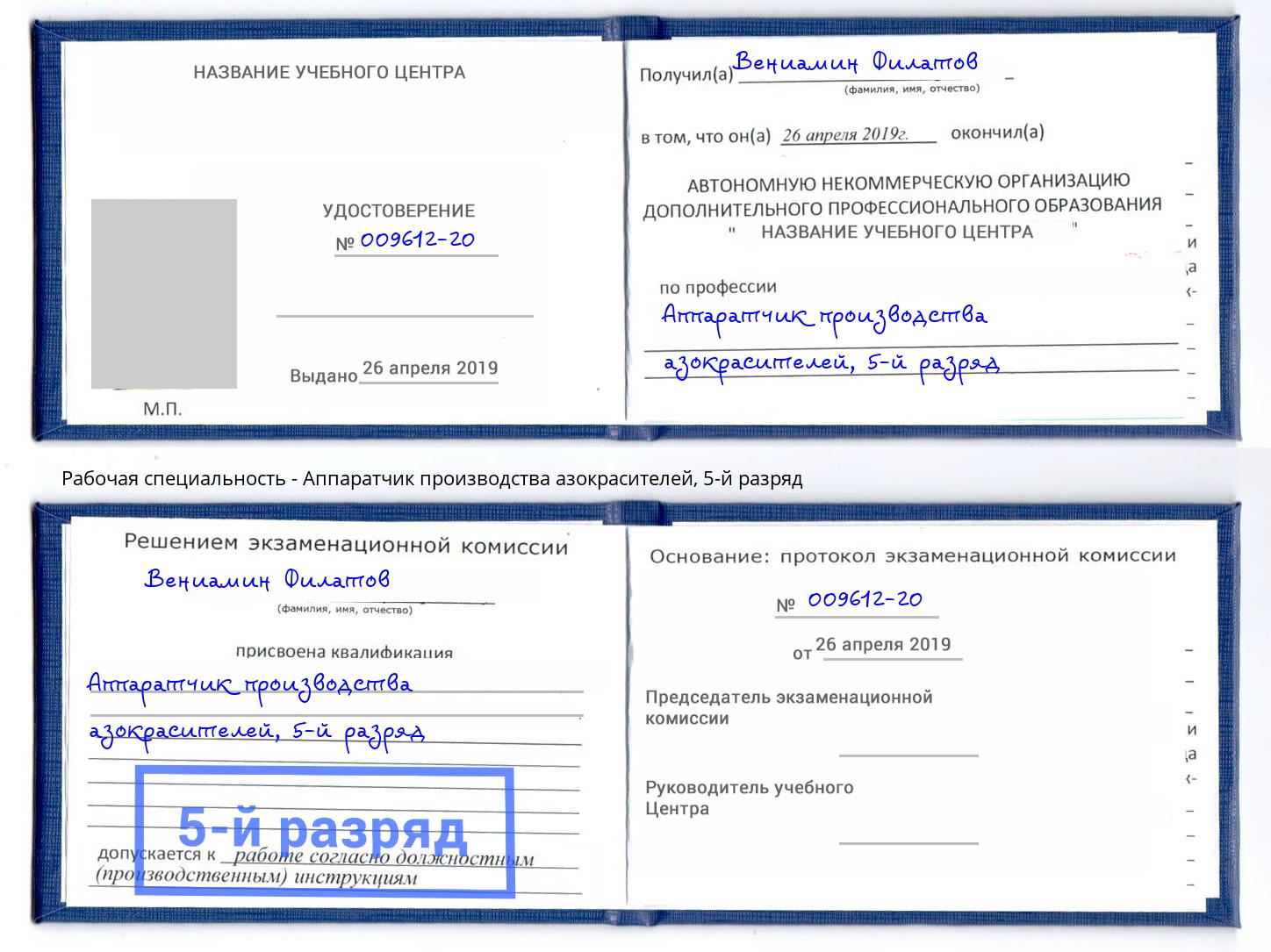 корочка 5-й разряд Аппаратчик производства азокрасителей Ликино-Дулёво