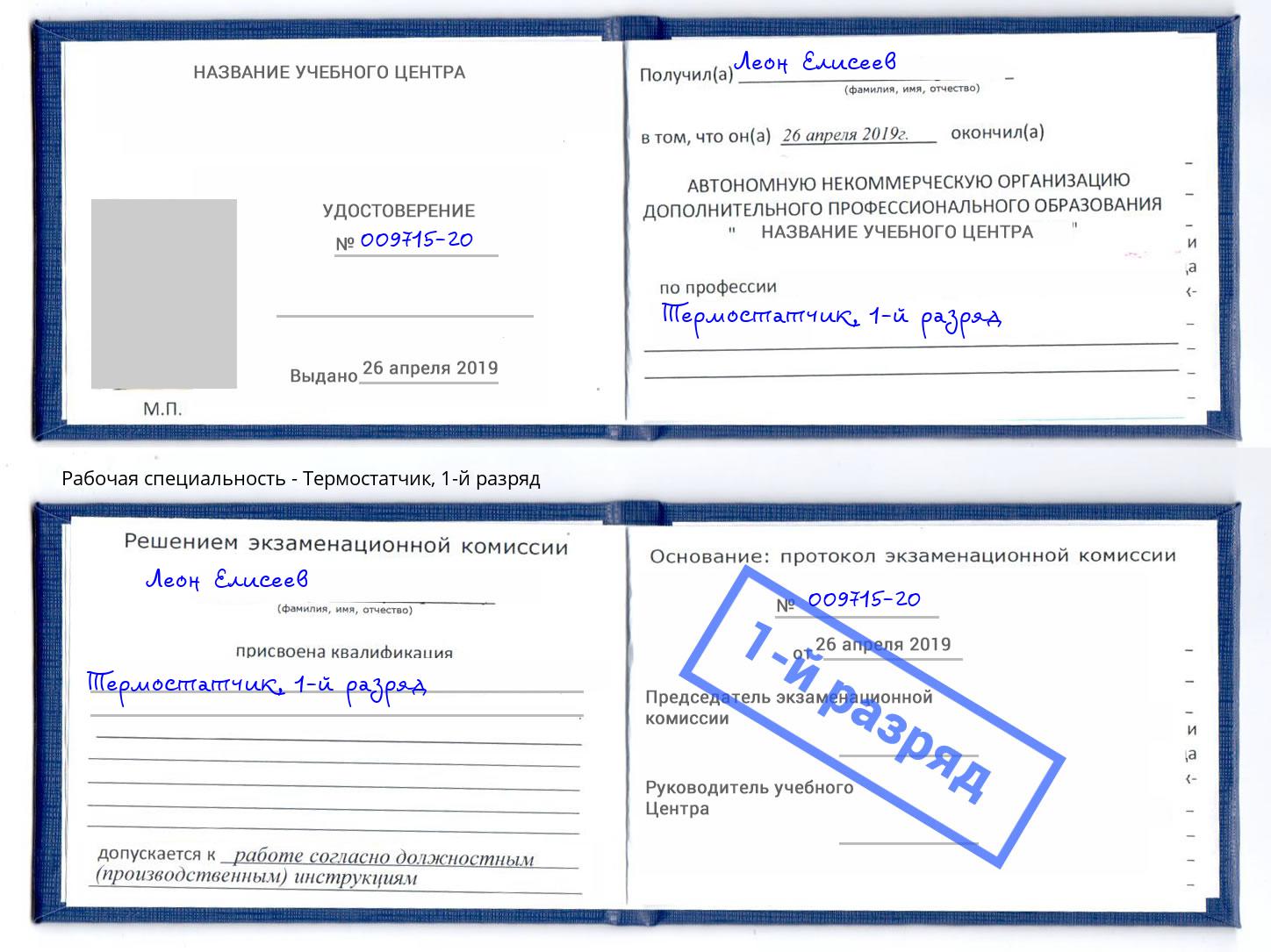 корочка 1-й разряд Термостатчик Ликино-Дулёво