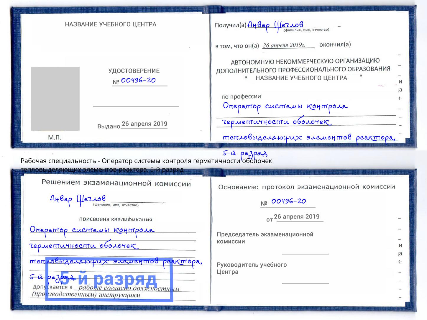 корочка 5-й разряд Оператор системы контроля герметичности оболочек тепловыделяющих элементов реактора Ликино-Дулёво