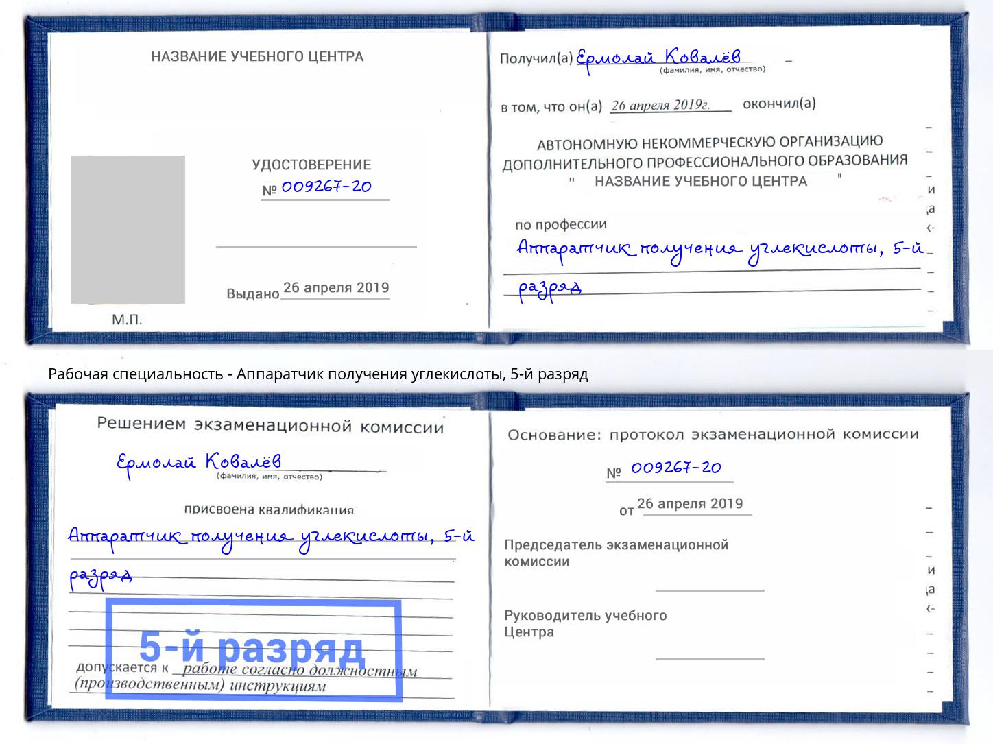 корочка 5-й разряд Аппаратчик получения углекислоты Ликино-Дулёво