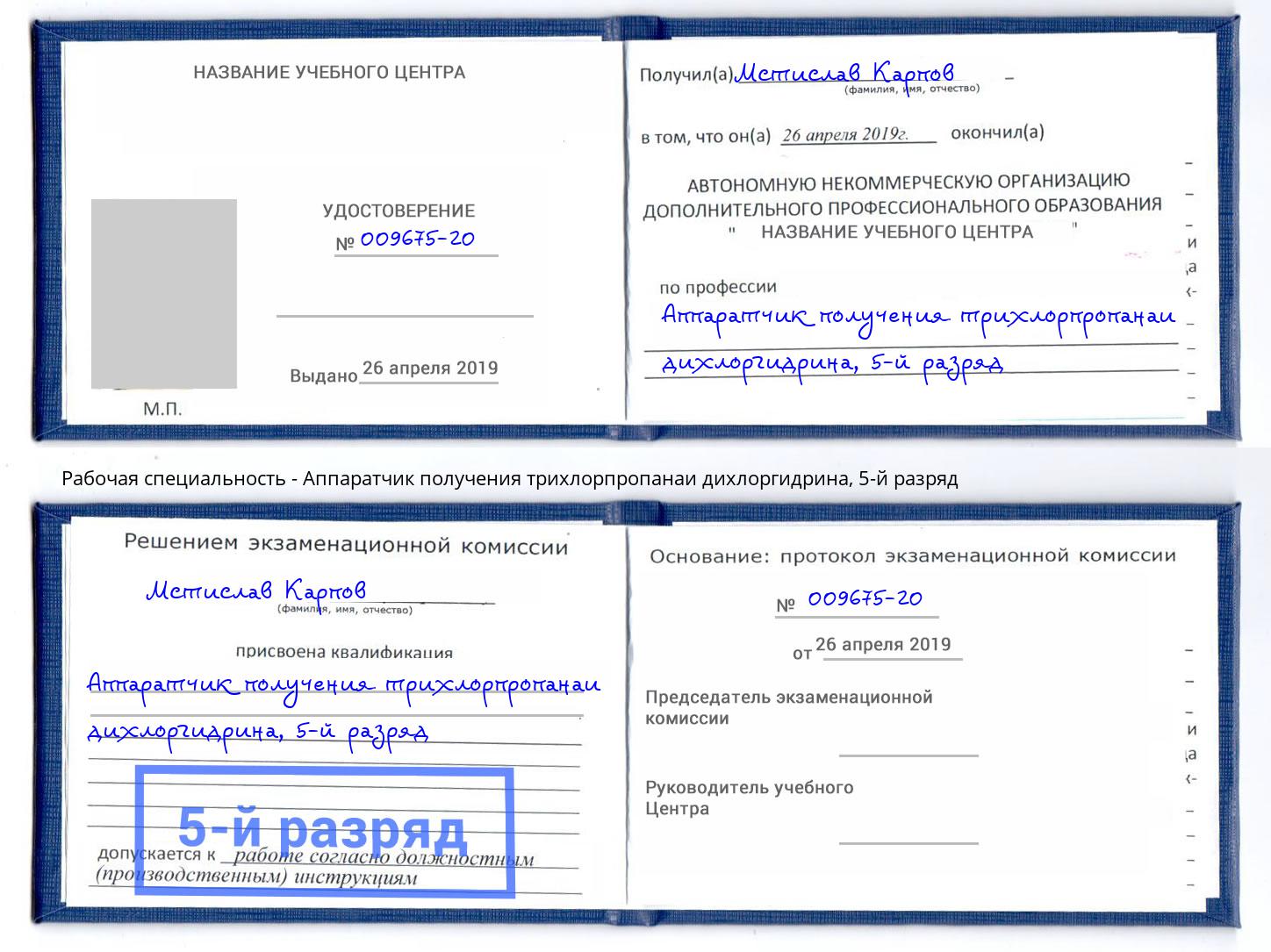 корочка 5-й разряд Аппаратчик получения трихлорпропанаи дихлоргидрина Ликино-Дулёво