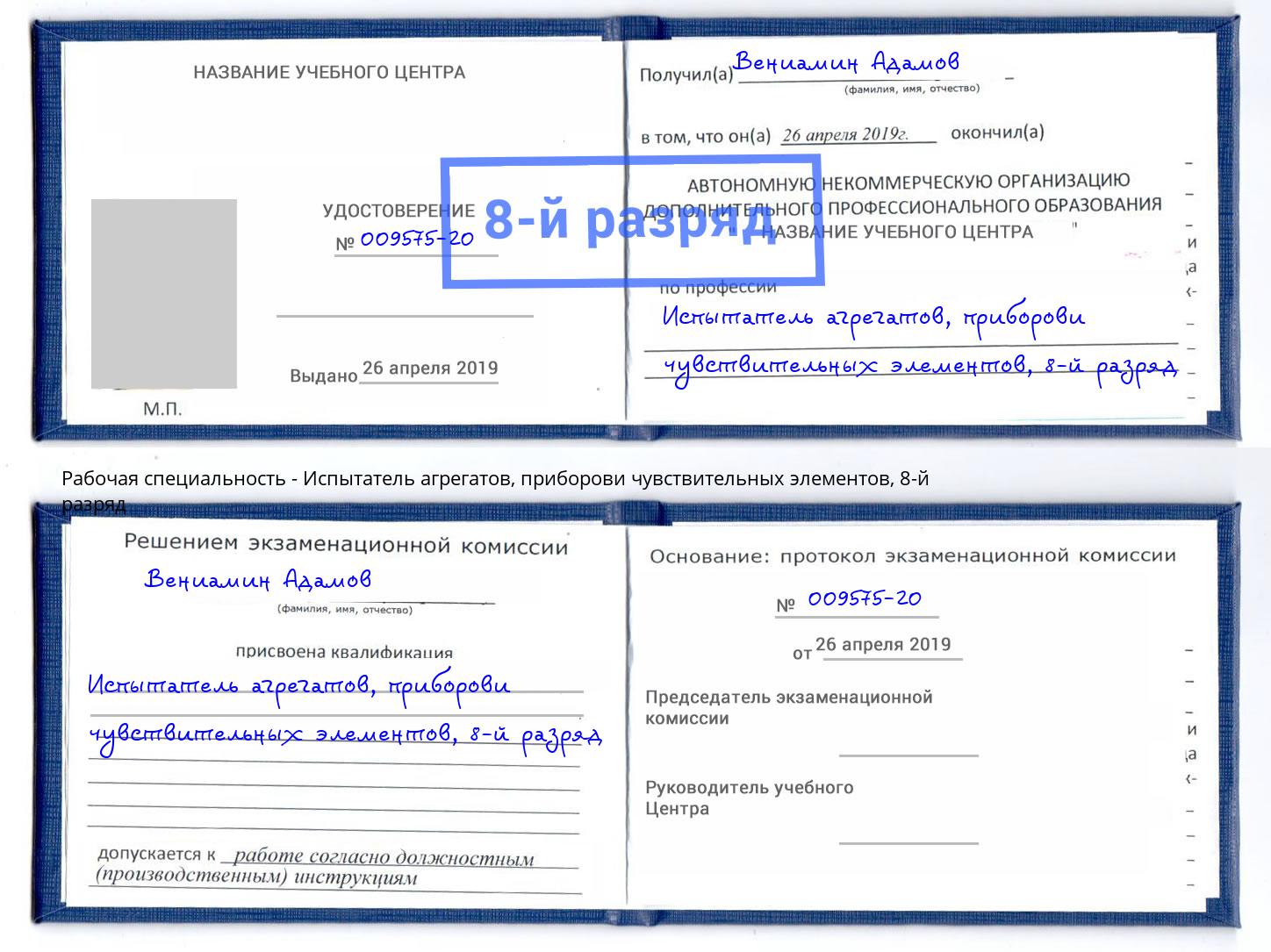 корочка 8-й разряд Испытатель агрегатов, приборови чувствительных элементов Ликино-Дулёво